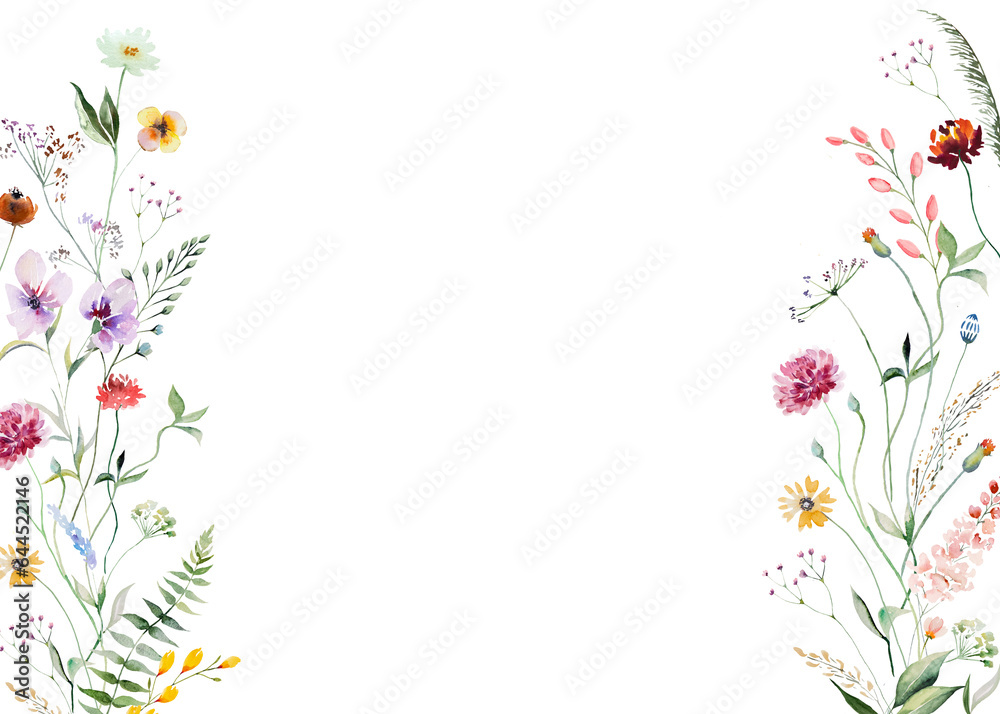 Frame made of watercolor wild flowers and leaves, summer wedding and greeting illustration