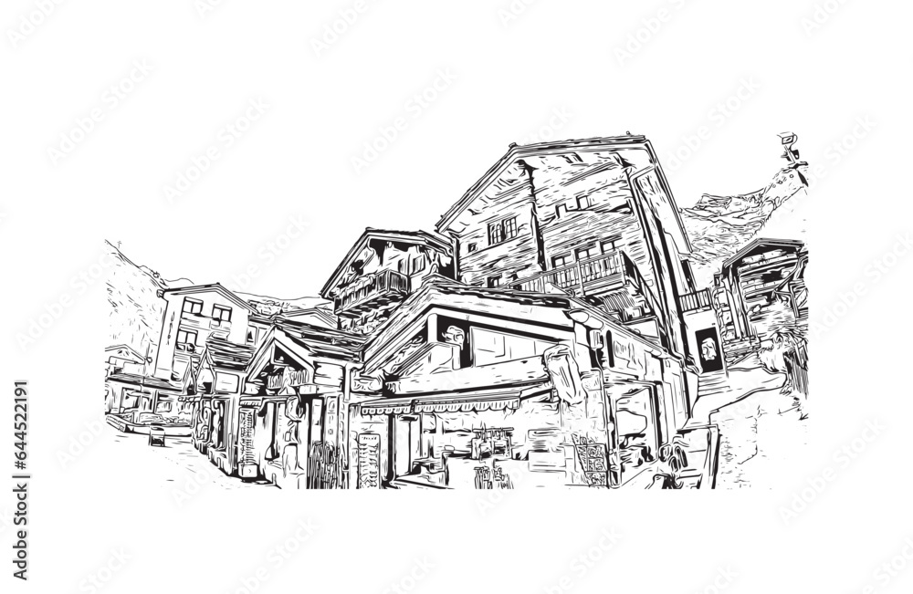 Building view with landmark of Saas Fee is the village in Switzerland. Hand drawn sketch illustration in vector.