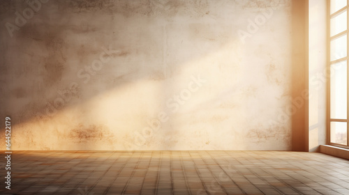 A Modern Stucco loft Wall Background, stucco wall with dark brown wooden floor, blurred lights and shadows shining through window onto wall and floor