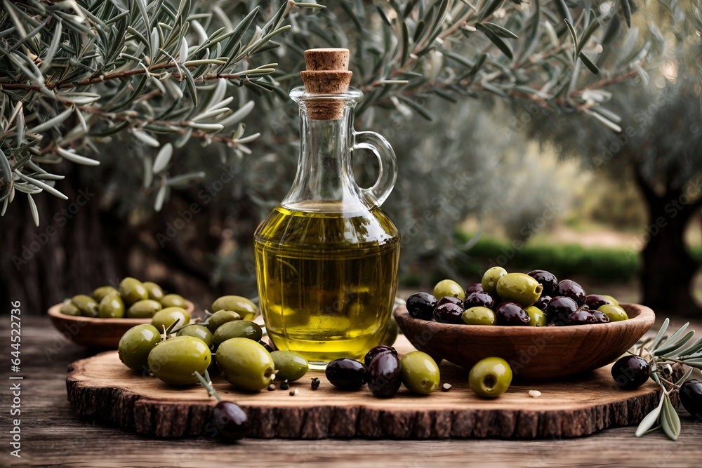 olives and olive oil on wooden table olives and olive oil on wooden table