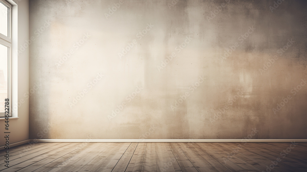 A Modern Stucco loft Wall Background, stucco wall with dark brown wooden floor, blurred lights and shadows shining through window onto wall and floor