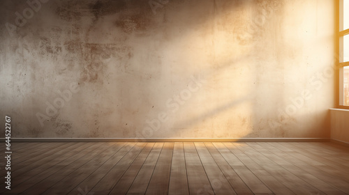 A Modern Stucco loft Wall Background  stucco wall with dark brown wooden floor  blurred lights and shadows shining through window onto wall and floor