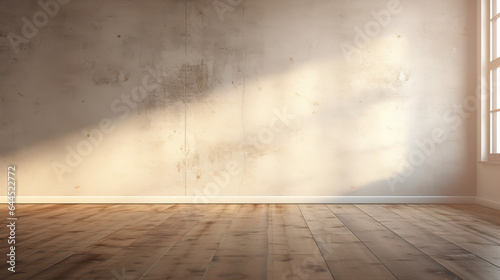A Modern Stucco loft Wall Background  stucco wall with dark brown wooden floor  blurred lights and shadows shining through window onto wall and floor