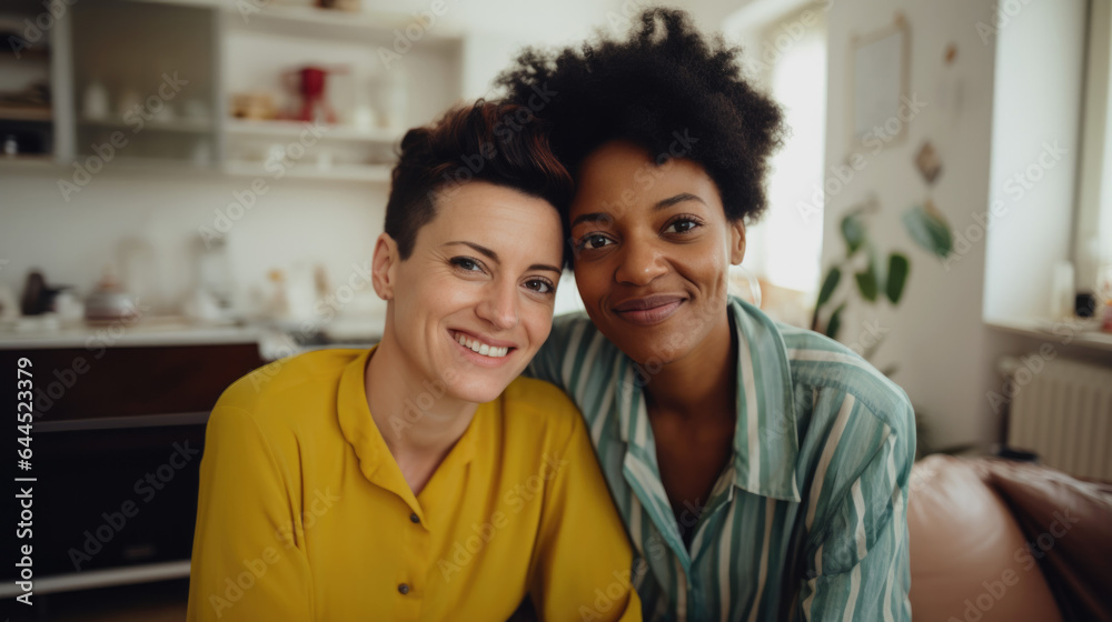 International adult lesbian couple at home. LGBT community concept. Happy smiling family of homosexual lesbians. Mixed lesbian couple in love. Romantic scene between two loving women.