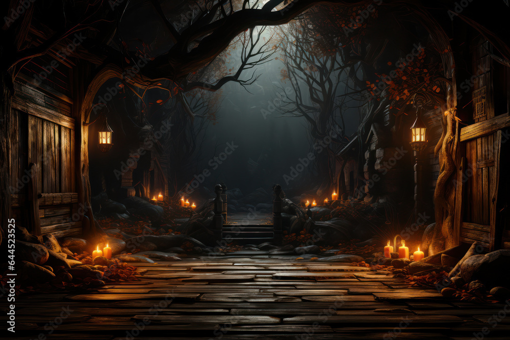 Halloween background composed of old boards and halloween pumpkins on a dark background. Halloween concept. Generative Ai.