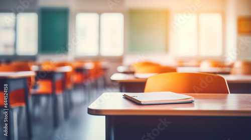 A Blurry or out - of - focus image of elementary school classroom with students sitting and studying, abstract design for background.