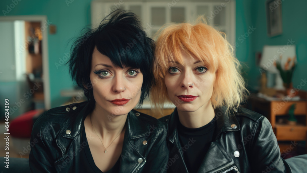 Fototapeta premium Adult punk lesbian couple at home. LGBT community concept. Happy smiling family of homosexual lesbians. Lesbian couple in love. Romantic scene between two loving women.