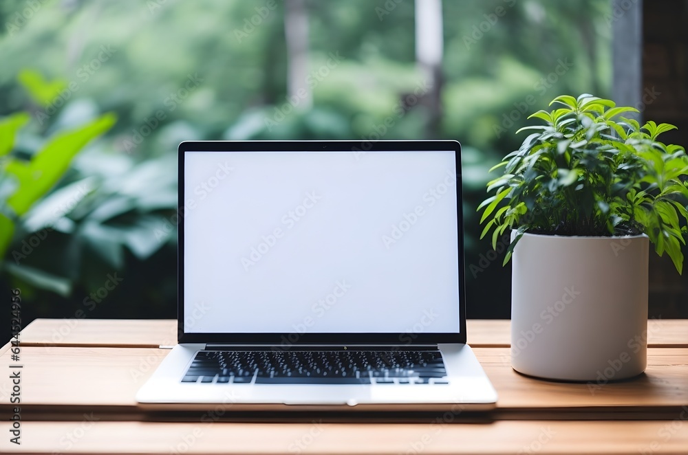 Wooden table with laptop white screen, white potted plant, and blurred background, MacBook