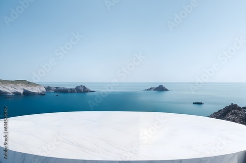 White marble podium with sea view on the background