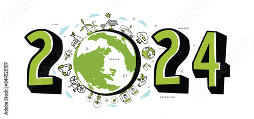 2024 New year, Eco friendly, Sustainability planning concept with globe and World environmental green doodle icons drawing set on white background ,Vector illustration