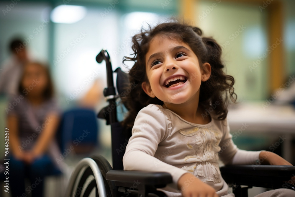 Happy disabled young girl in a wheelchair at school Happy disabled young girl in a wheelchair at school