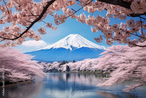 sakura tree and mountain fuji on background photo