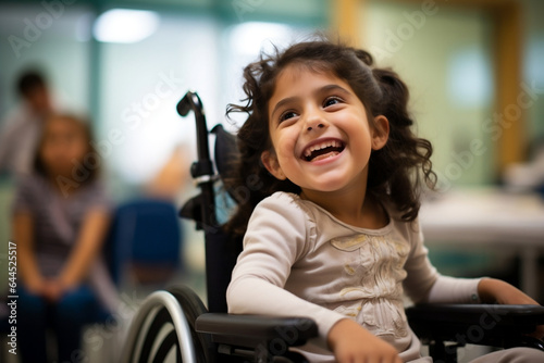 Happy disabled young girl in a wheelchair at school