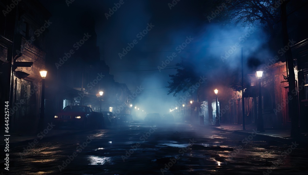 Mysterious night city street at night with fog, lights and cars. Stock ...