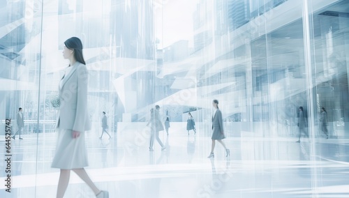 Business people walking in a modern office with skyscrapers in the background