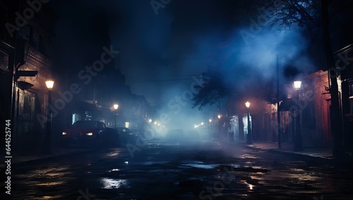 Mysterious night city street at night with fog, lights and cars.