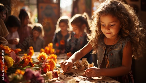 Little girl making a wreath of flowers in front of her friends