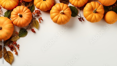 Autumn composition with pumpkins and leaves on white background. Flat lay  top view  copy space