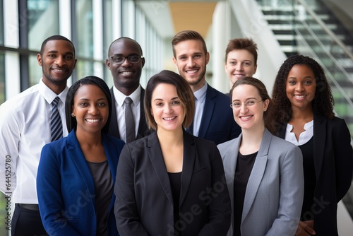 Portrait of happy business team standing in office. Multiethnic group.