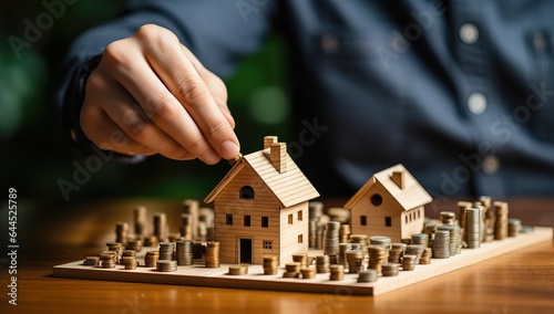Close-up of man hand placing wooden house model on pile of coins
