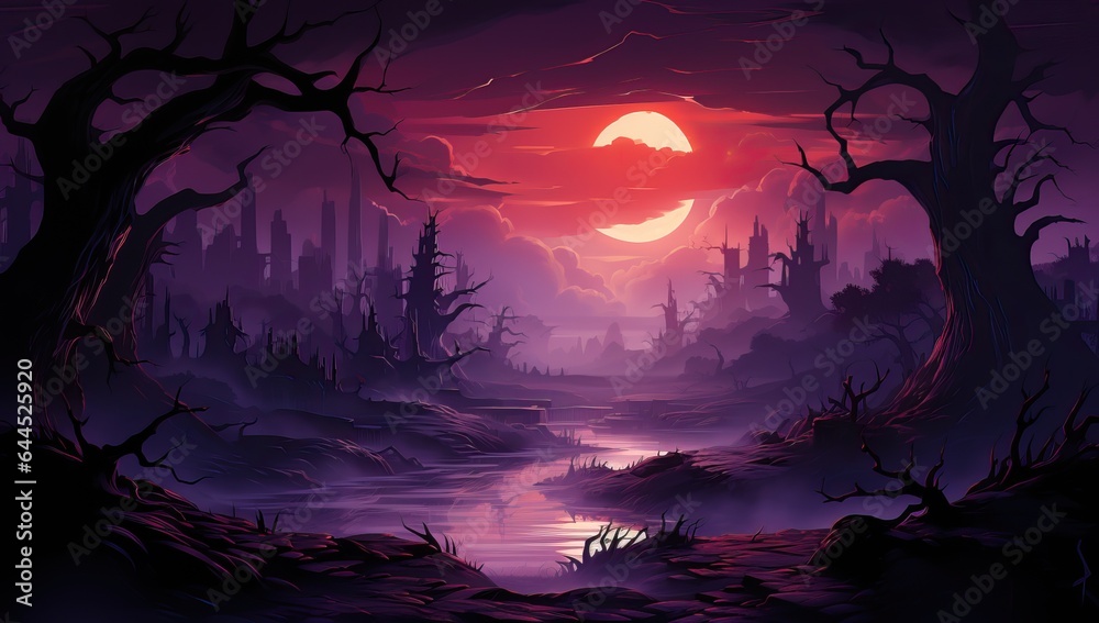 Obraz premium Fantasy landscape with spooky forest and full moon.