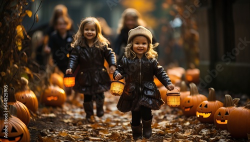 Little girl in halloween costume holding lantern and walking with her friends