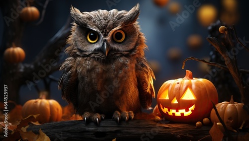 Halloween owl with pumpkins on dark background, halloween concept photo