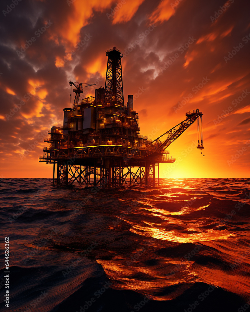 Generative ai ocean oil platform drilling gas and petroleum at sunset