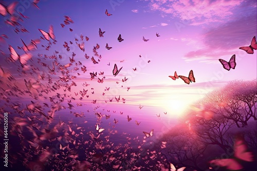 Dreamscape of Butterflies: A Vibrant Spring Field Blushing Pink and Purple