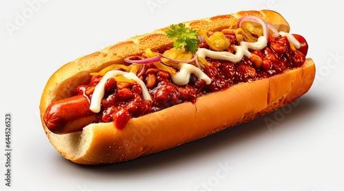 Delicious and Juicy Chili Dog - Hot Sausage on a Bun, Topped with Spicy Chili and Condiments - Isolated Lunch Snack Image
