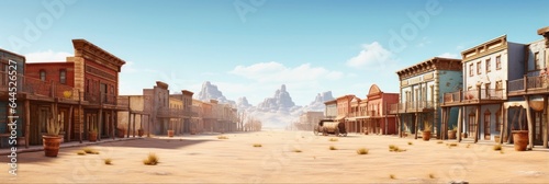 Empty Old Wild West Town 3D Rendered Illustration with Aged Wooden Buildings and Abandoned Brick Streets in Blue Background photo