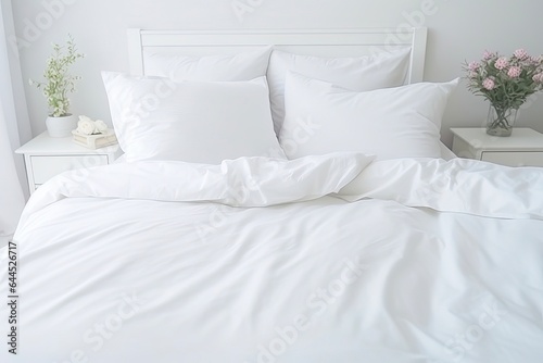 White Bed Linen on Sofa in Bedroom with Blue Headboard and Bedside Table. Cozy Bedclothes Including Pillows, Duvet, and Cotton Cover