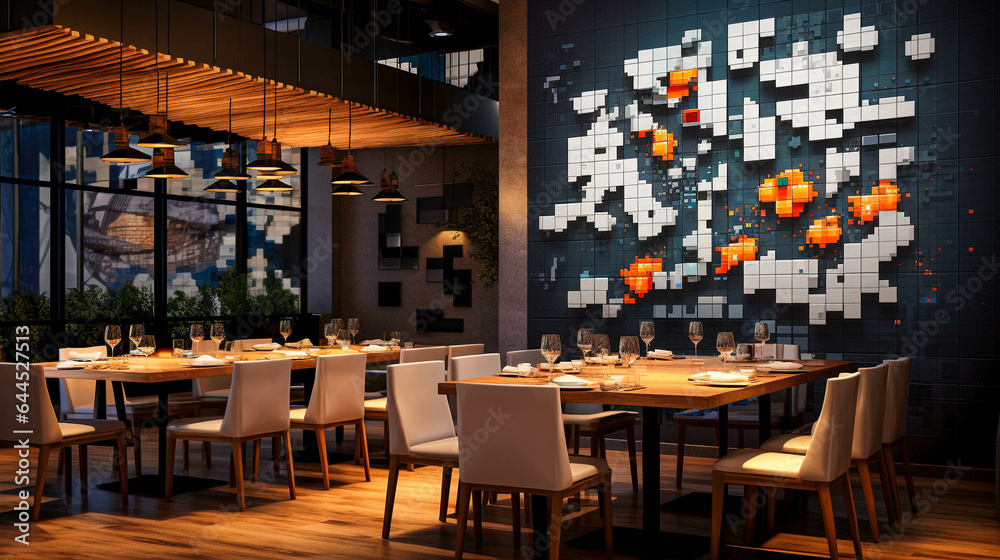 Stylish Restaurant Interior With Pixel Art On The Wall. Modern Dining Space. Generative AI