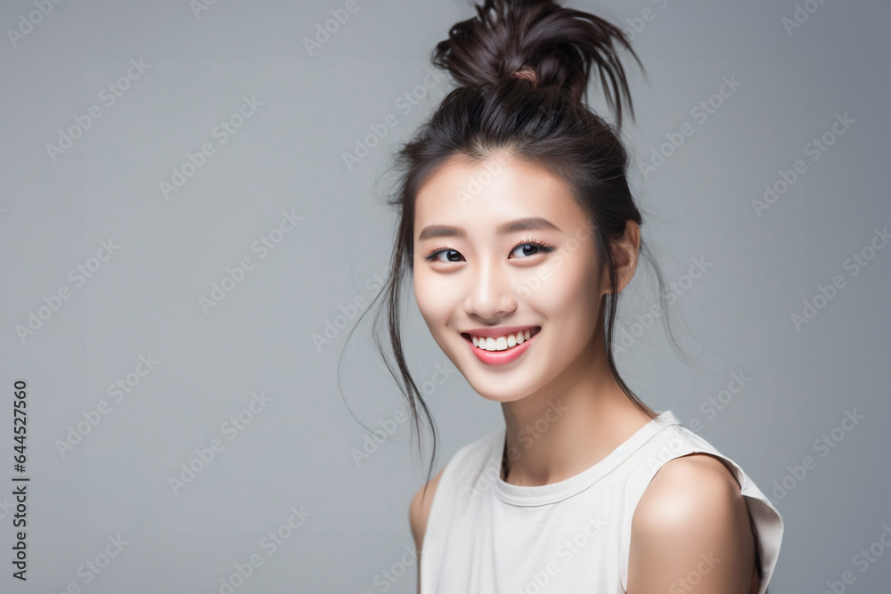 Girl with pigtails and bun hairstyle on a smoke grey background. Beautiful young woman with braided hair on grey background. Generative AI. Girl with pigtails and bun hairstyle on a smoke grey background. Beautiful young woman with braided hair on grey background. Generative AI.