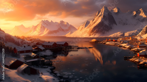 Enchanting Sunset Panorama, A Majestic Arctic Landscape by the Norwegian FjordsNature's Artistry Unveiled, A Breathtaking Display of Color and Serenity, Ai Generative  © Marc