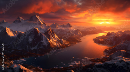 Enchanting Sunset Panorama, A Majestic Arctic Landscape by the Norwegian FjordsNature's Artistry Unveiled, A Breathtaking Display of Color and Serenity, Ai Generative 