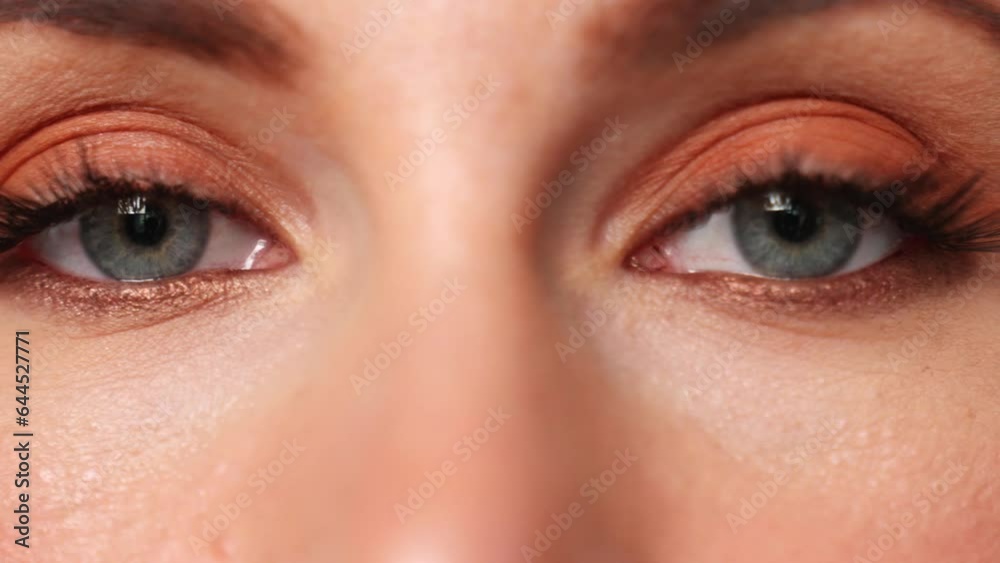 Close-up face of pretty girl with beautiful big blue eyes, big eyelashes and eyebrows. 