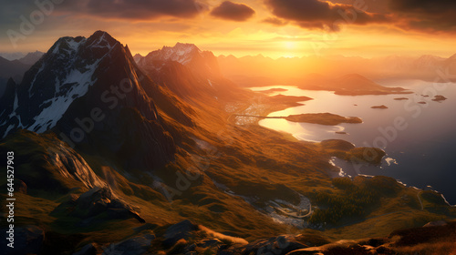 Enchanting Sunset Panorama, A Majestic Arctic Landscape by the Norwegian FjordsNature's Artistry Unveiled, A Breathtaking Display of Color and Serenity, Ai Generative  © Marc