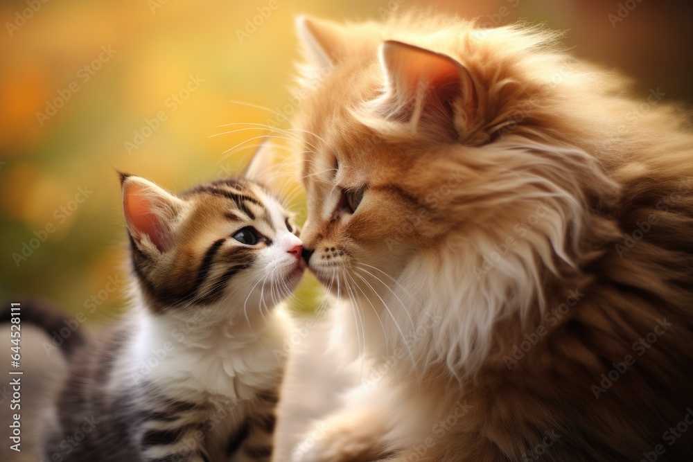 red fluffy cat with a cute kitten outside