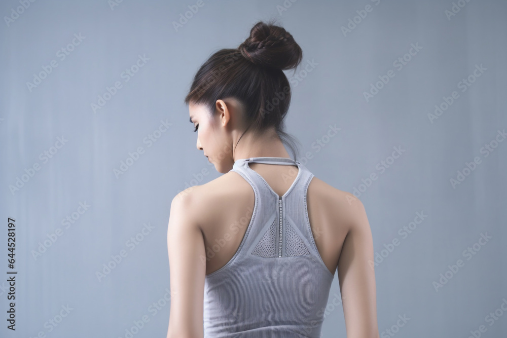 Fototapeta premium A cute and healthy Asian girl, viewed from behind, highlights her ponytail and bun hairstyle on a solid gray background. Generative AI.