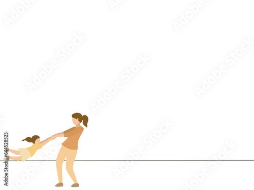 one line vector illustration about mother playing with her daughter concept, the child is spun around by the mother, simple graphic design for presentation