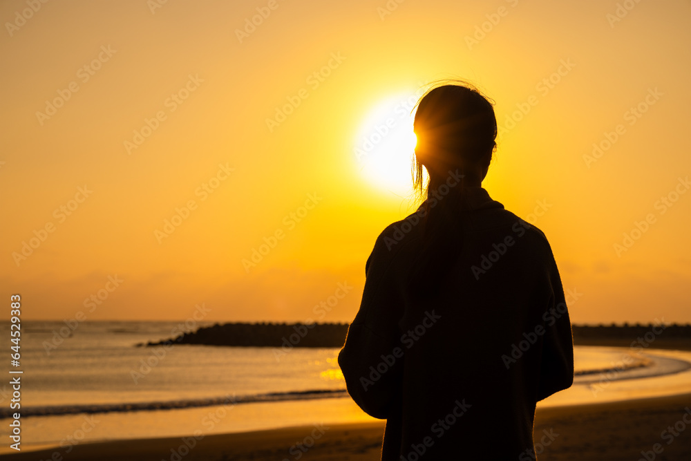 Silhouette of woman enjoy the sea beach at sunset time