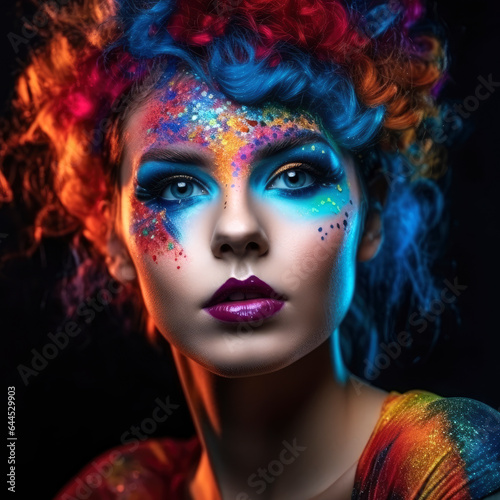 Colorful artistic portrait of a young beautiful woman closeup  multicolored hairstyle  makeup and face art