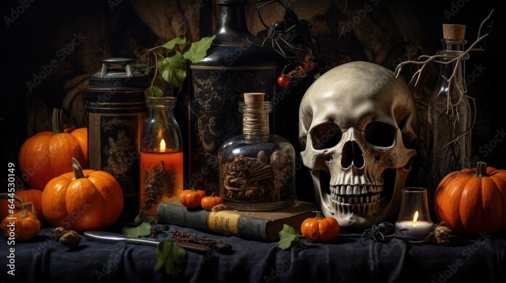 Halloween decoration with skull and pumpkin
