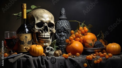 Halloween decoration with skull and pumpkin