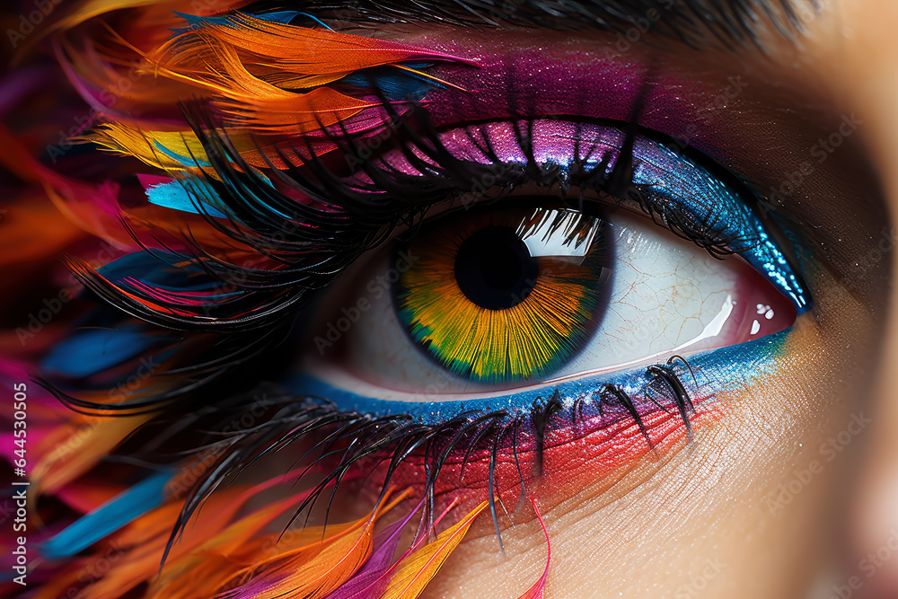 Female eye with bright and colorful makeup with eye shadow, feathers, mascara and contact lenses close-up - obrazy, fototapety, plakaty 
