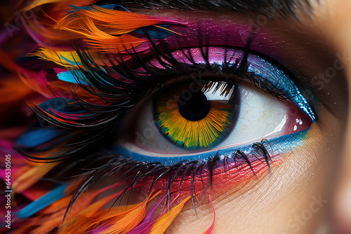 Foto Female eye with bright and colorful makeup with eye shadow, feathers, mascara an