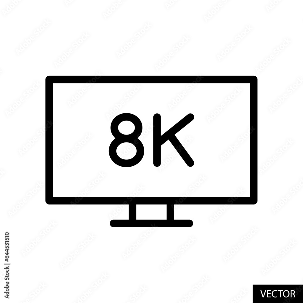 8K TV, television vector icon in line style design for website, app, UI, isolated on white background. Editable stroke. Vector illustration. 8K TV, television vector icon in line style design for website, app, UI, isolated on white background. Editable stroke. Vector illustration.