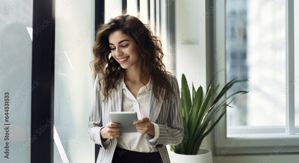A woman in a corporate office space laughs while looking at her phone, radiating pride and confidence. She's dressed in unique, eye-catching attire that adds flair to the professional setting.
