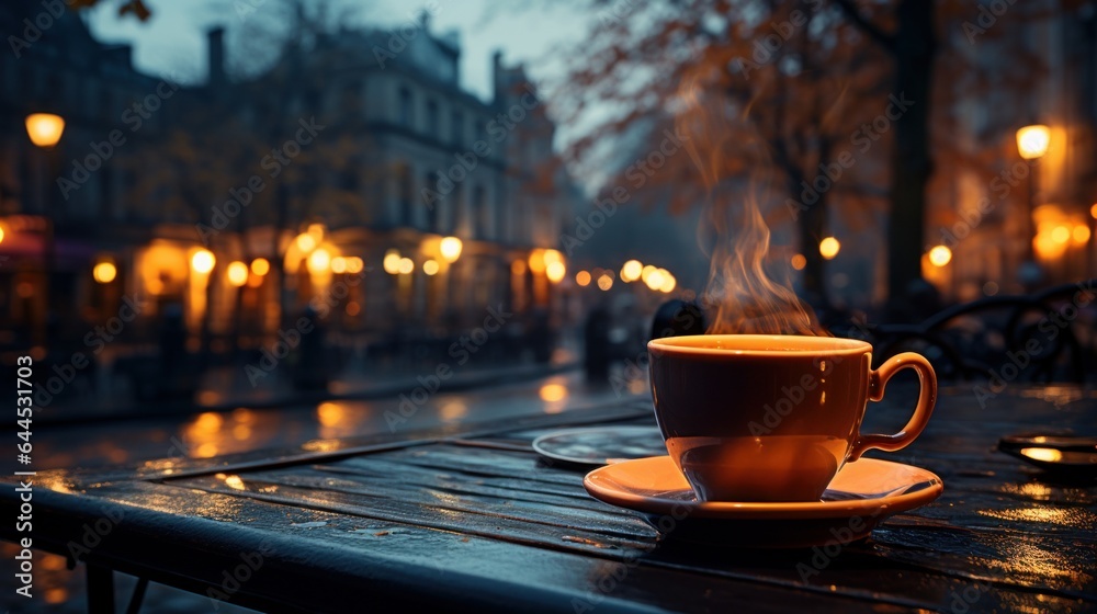 A cup of tea is on a street at night with lamp behind - obrazy, fototapety, plakaty 